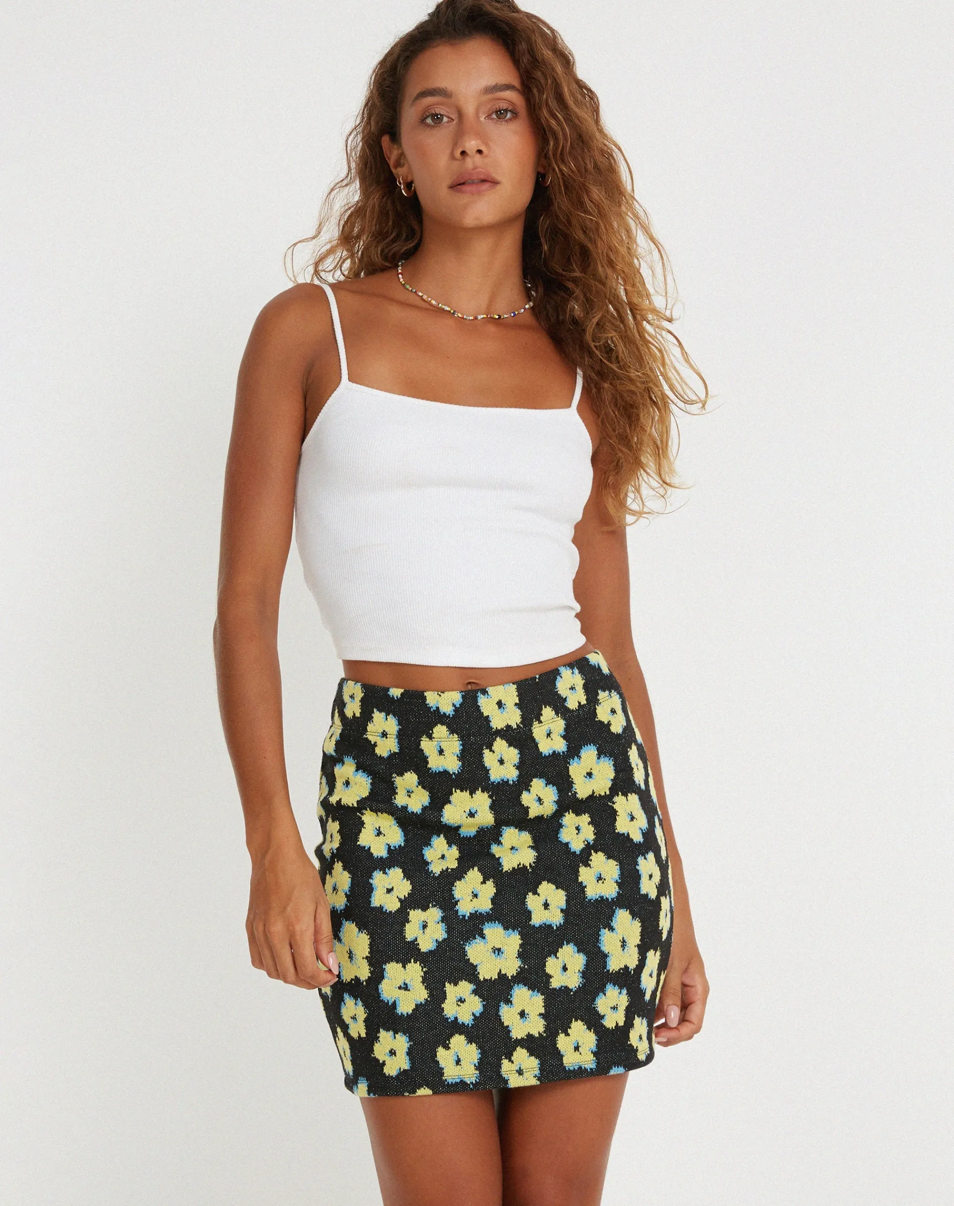 Motel Rocks Mini Skirts-Riani Mini Skirt in Cute Floral Black and Yellow CuteFloralBlackandYellow