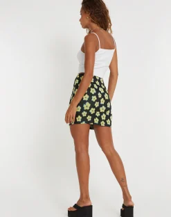 Motel Rocks Mini Skirts-Riani Mini Skirt in Cute Floral Black and Yellow CuteFloralBlackandYellow