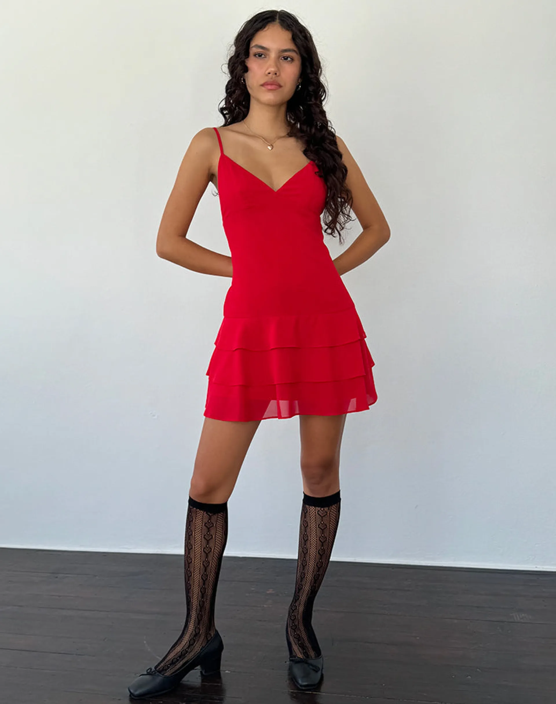 Motel Rocks Day Dresses | Bodycon Dresses-Riasi Ruffle Mini Dress in Chiffon Red ChiffonRed