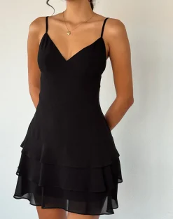 Motel Rocks Party Dresses | Mini Dresses-Riasi Ruffle Mini Dress in Chiffon Black ChiffonBlack
