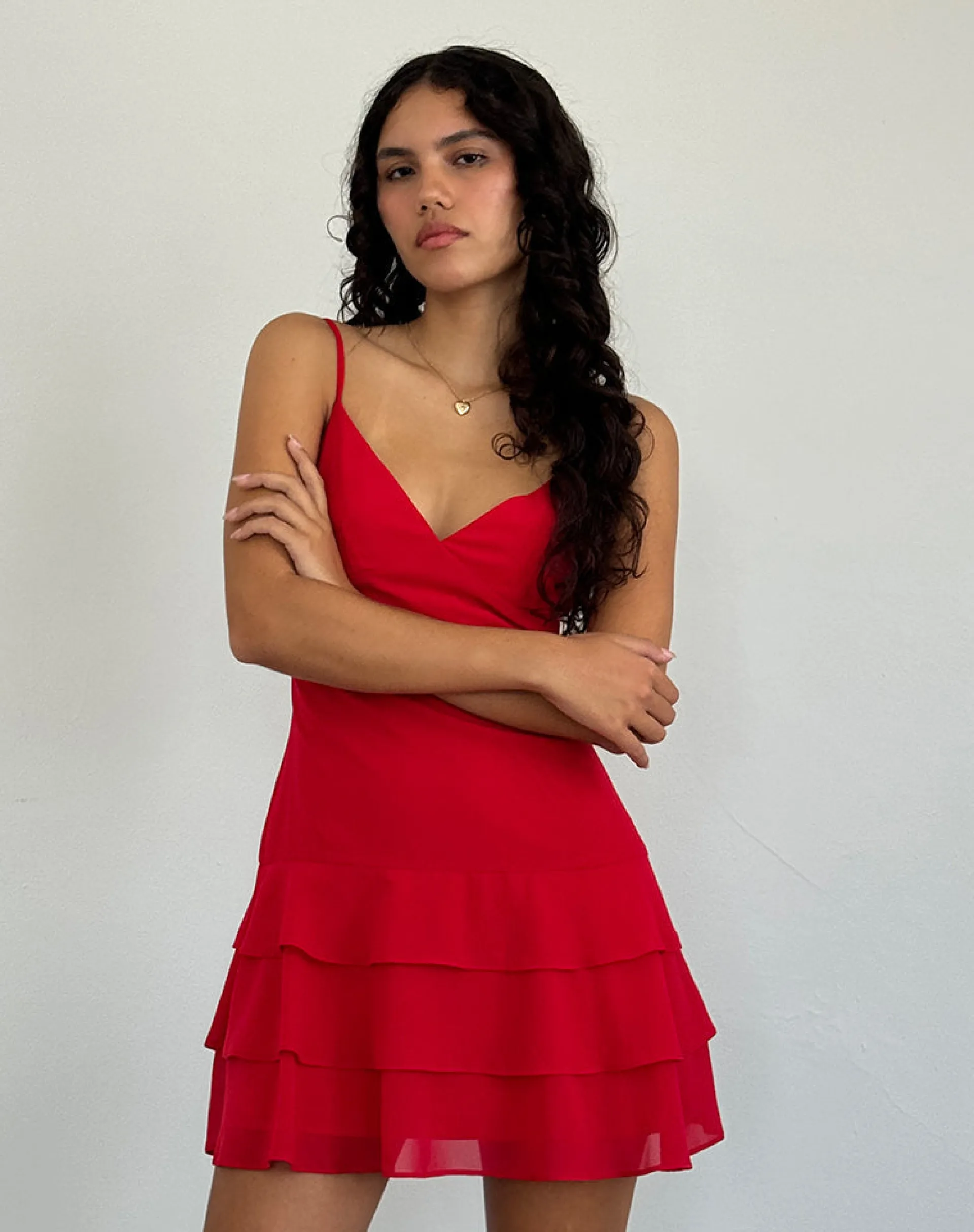 Motel Rocks Day Dresses | Bodycon Dresses-Riasi Ruffle Mini Dress in Chiffon Red ChiffonRed