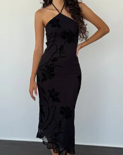 Motel Rocks Printed Dresses | Bodycon Dresses-Ribka Halterneck Midi Dress in Orchids Flock Black orchidsflockblack