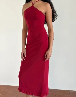 Motel Rocks Day Dresses | Bodycon Dresses-Ribka Halterneck Midi Dress in Mesh Cherry MeshCherry