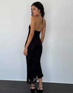 Motel Rocks Printed Dresses | Bodycon Dresses-Ribka Halterneck Midi Dress in Orchids Flock Black orchidsflockblack