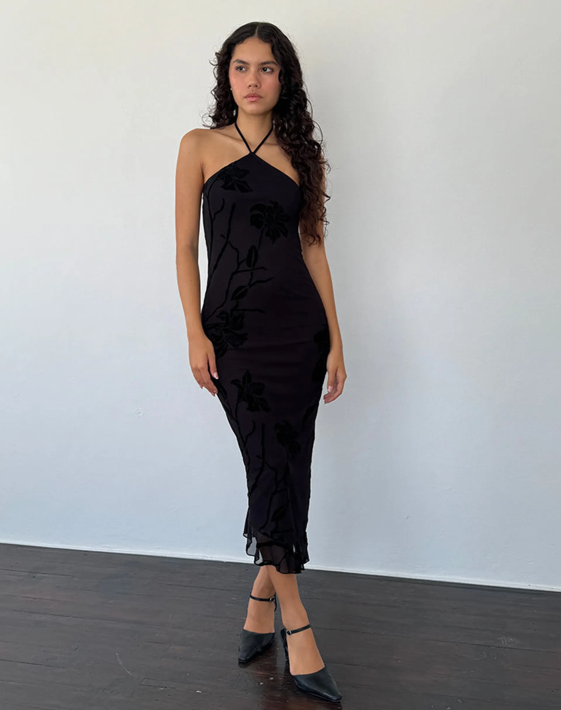 Motel Rocks Printed Dresses | Bodycon Dresses-Ribka Halterneck Midi Dress in Orchids Flock Black orchidsflockblack