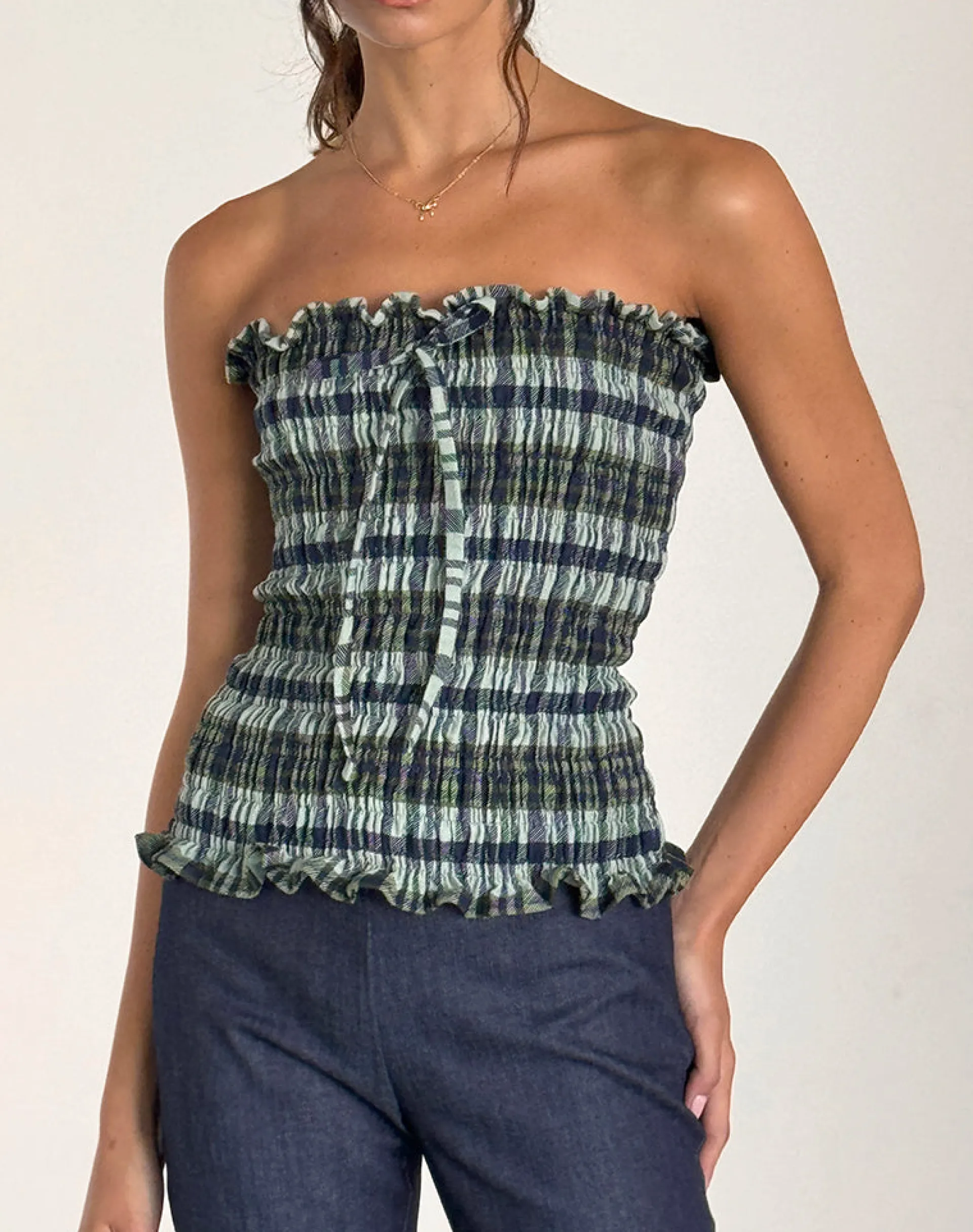 Motel Rocks Bandeau Tops-Rigia Bandeau Top in Linen Mono Check Green