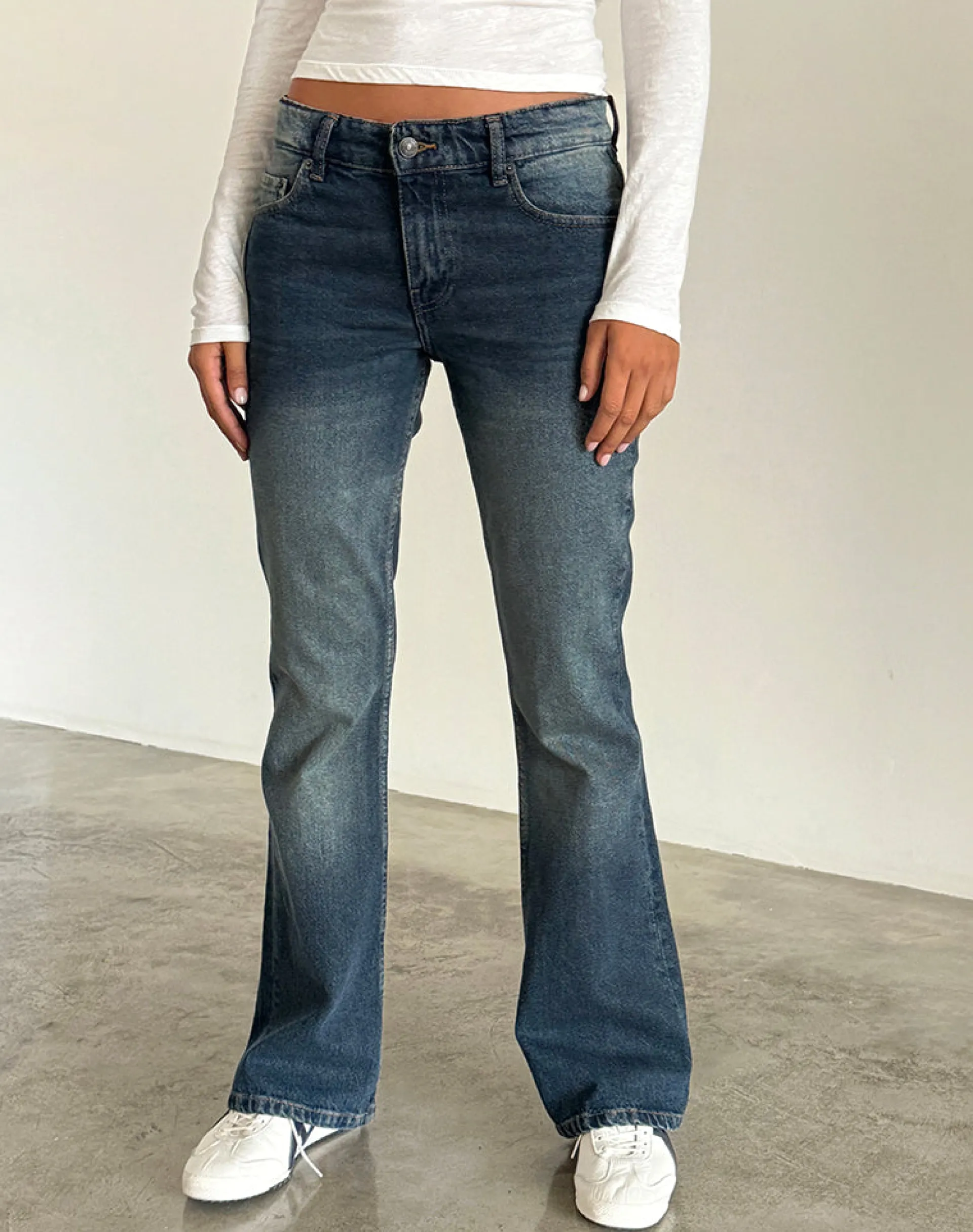 Motel Rocks Flared Jeans | Low Rise Jeans-Rigid Low Rise Flare Jeans in Dark Vintage darkvintage