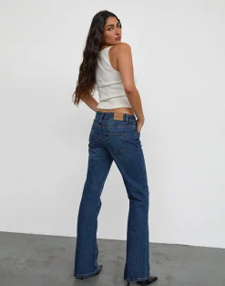 Motel Rocks Jeans | Flared Jeans-Rigid Low Rise Flare Jeans In Mid Blue Used MidBlueUsed