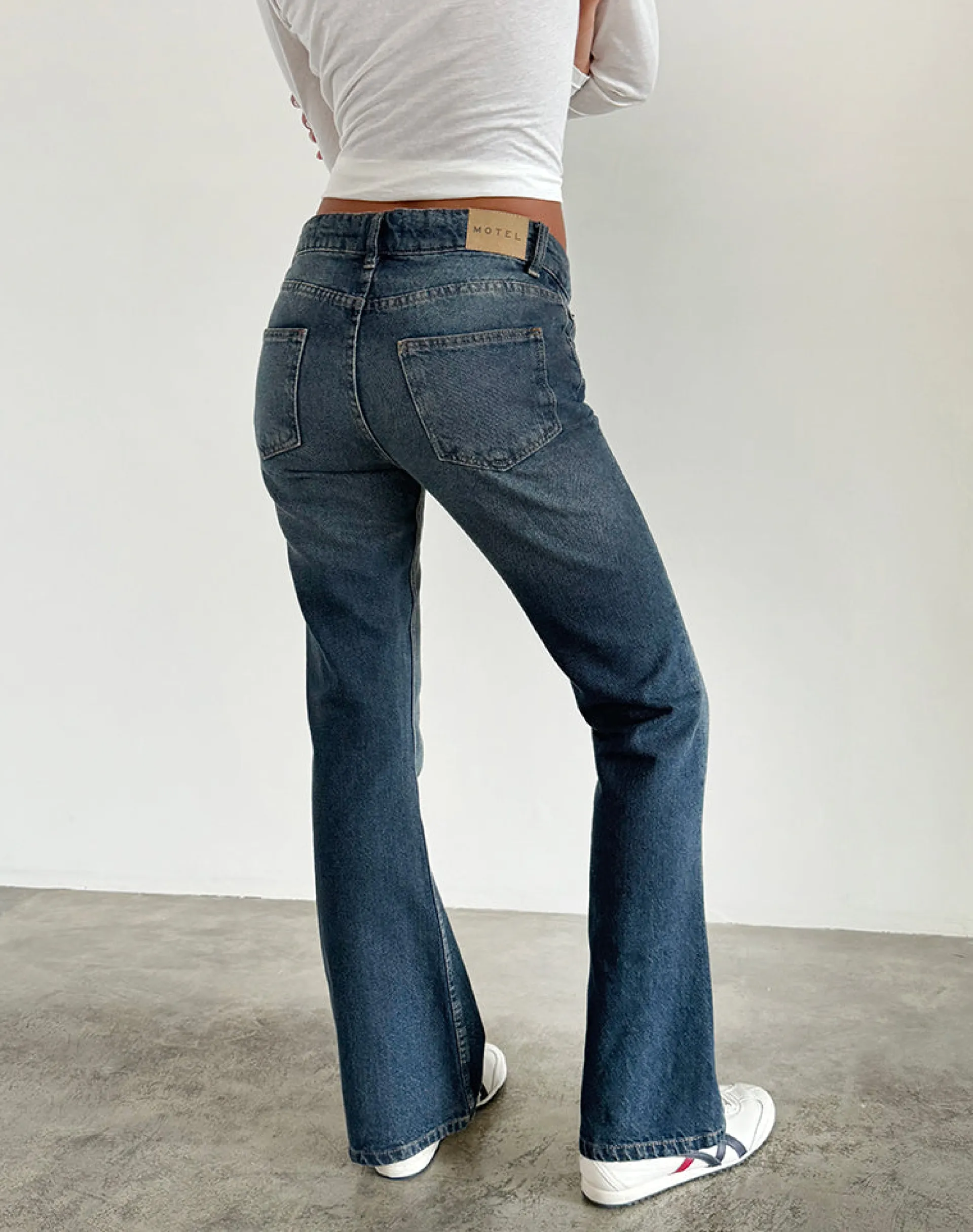 Motel Rocks Flared Jeans | Low Rise Jeans-Rigid Low Rise Flare Jeans in Dark Vintage darkvintage