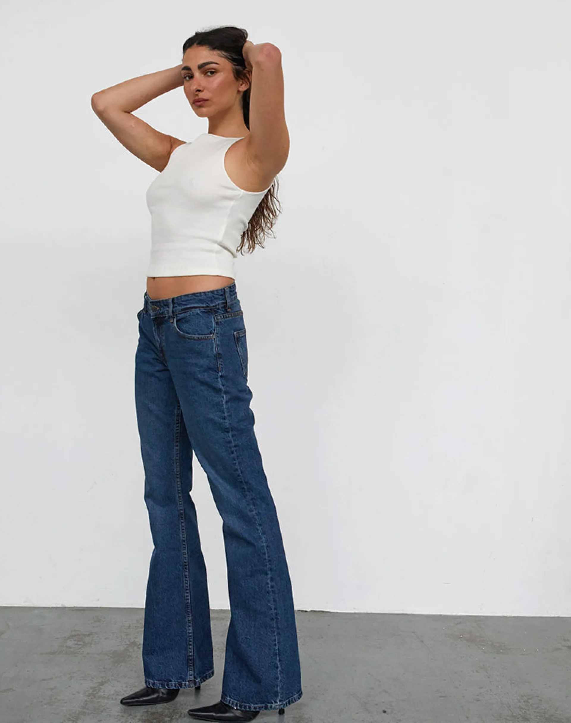 Motel Rocks Jeans | Flared Jeans-Rigid Low Rise Flare Jeans In Mid Blue Used MidBlueUsed