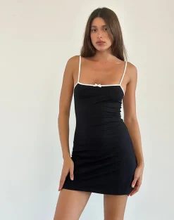 Motel Rocks Little Black Dresses | Party Dresses-Riniko Mini Dress in Black with White Binding BlackwithWhiteBinding