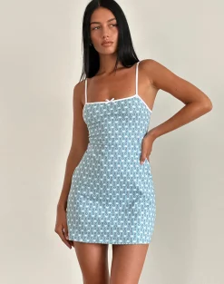 Motel Rocks Printed Dresses | Day Dresses-Riniko Mini Dress in Powder Blue XO Heart Print with White Binding PowderBlueXOHeartPrintwithWhiteBinding