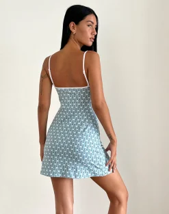 Motel Rocks Printed Dresses | Day Dresses-Riniko Mini Dress in Powder Blue XO Heart Print with White Binding PowderBlueXOHeartPrintwithWhiteBinding