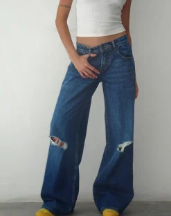 Motel Rocks Roomy Jeans-Ripped Roomy Extra Wide Low Rise Jean in Mid Blue Used MidBlueUsed
