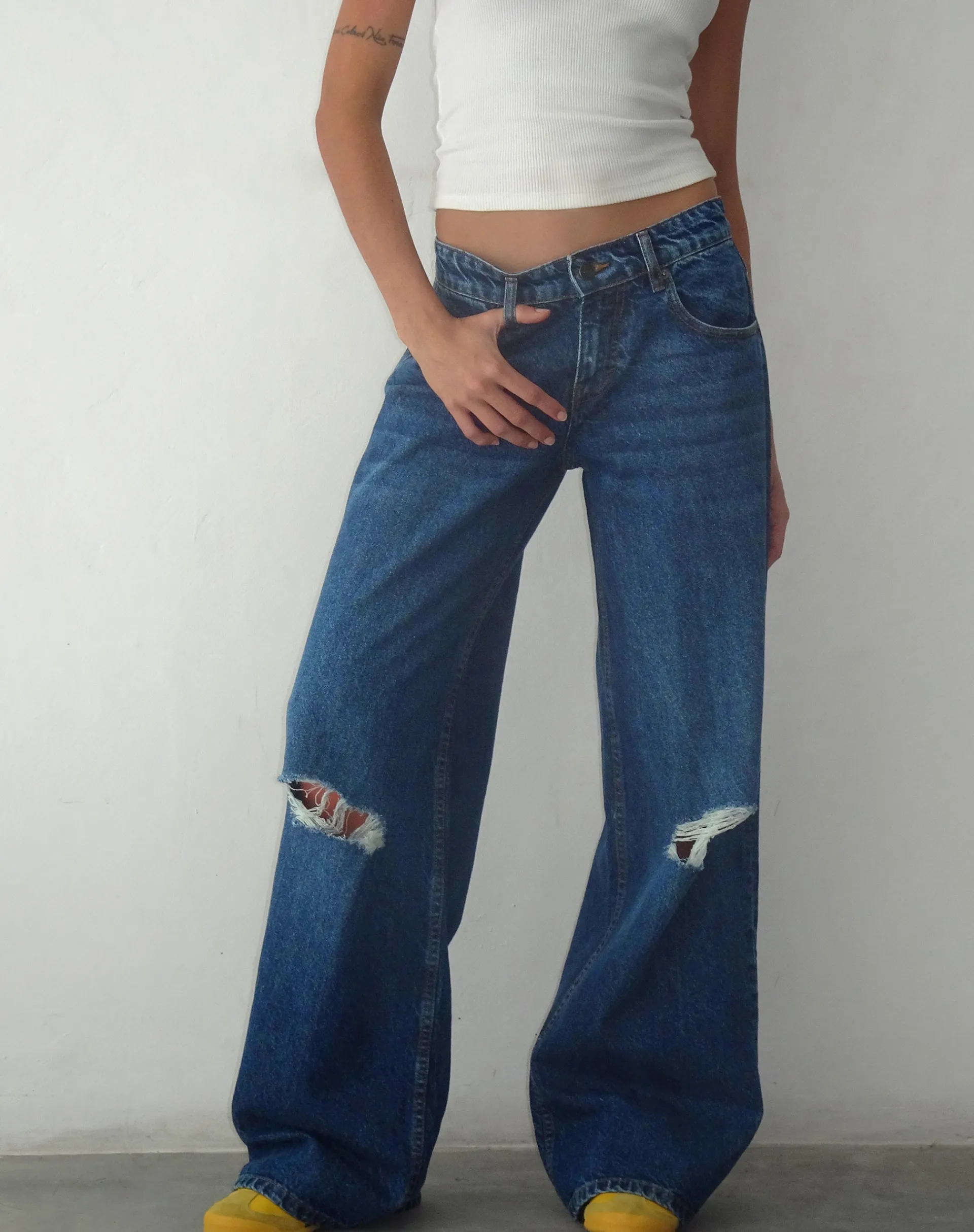 Motel Rocks Roomy Jeans-Ripped Roomy Extra Wide Low Rise Jean in Mid Blue Used MidBlueUsed