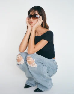 Motel Rocks Wide Leg Pants | Low Rise Pants-Ripped Roomy Extra Wide Low Rise Jean in Vintage Blue Wash VintageBlueWash