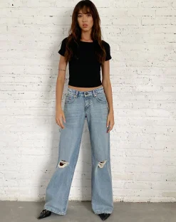 Motel Rocks Wide Leg Pants | Low Rise Pants-Ripped Roomy Extra Wide Low Rise Jean in Vintage Blue Wash VintageBlueWash