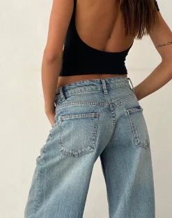 Motel Rocks Wide Leg Pants | Low Rise Pants-Ripped Roomy Extra Wide Low Rise Jean in Vintage Blue Wash VintageBlueWash