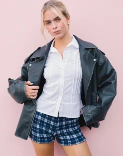 Motel Rocks Micro Shorts-Ritala Shirred Micro Shorts in Tartan Dark Blue TartanDarkBlue