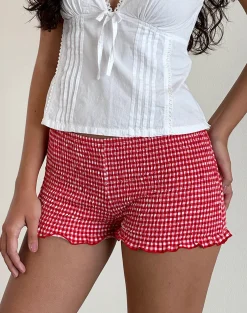 Motel Rocks Micro Shorts-Ritala Shirred Micro Shorts in Red Gingham RedGingham