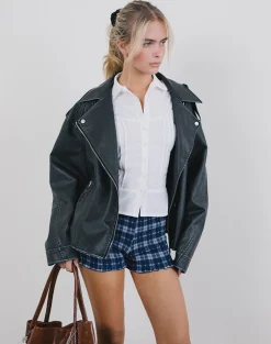 Motel Rocks Micro Shorts-Ritala Shirred Micro Shorts in Tartan Dark Blue TartanDarkBlue