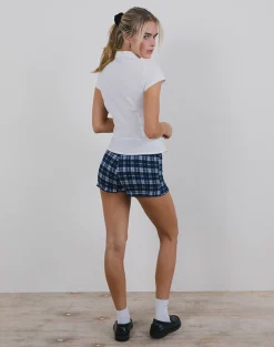 Motel Rocks Micro Shorts-Ritala Shirred Micro Shorts in Tartan Dark Blue TartanDarkBlue