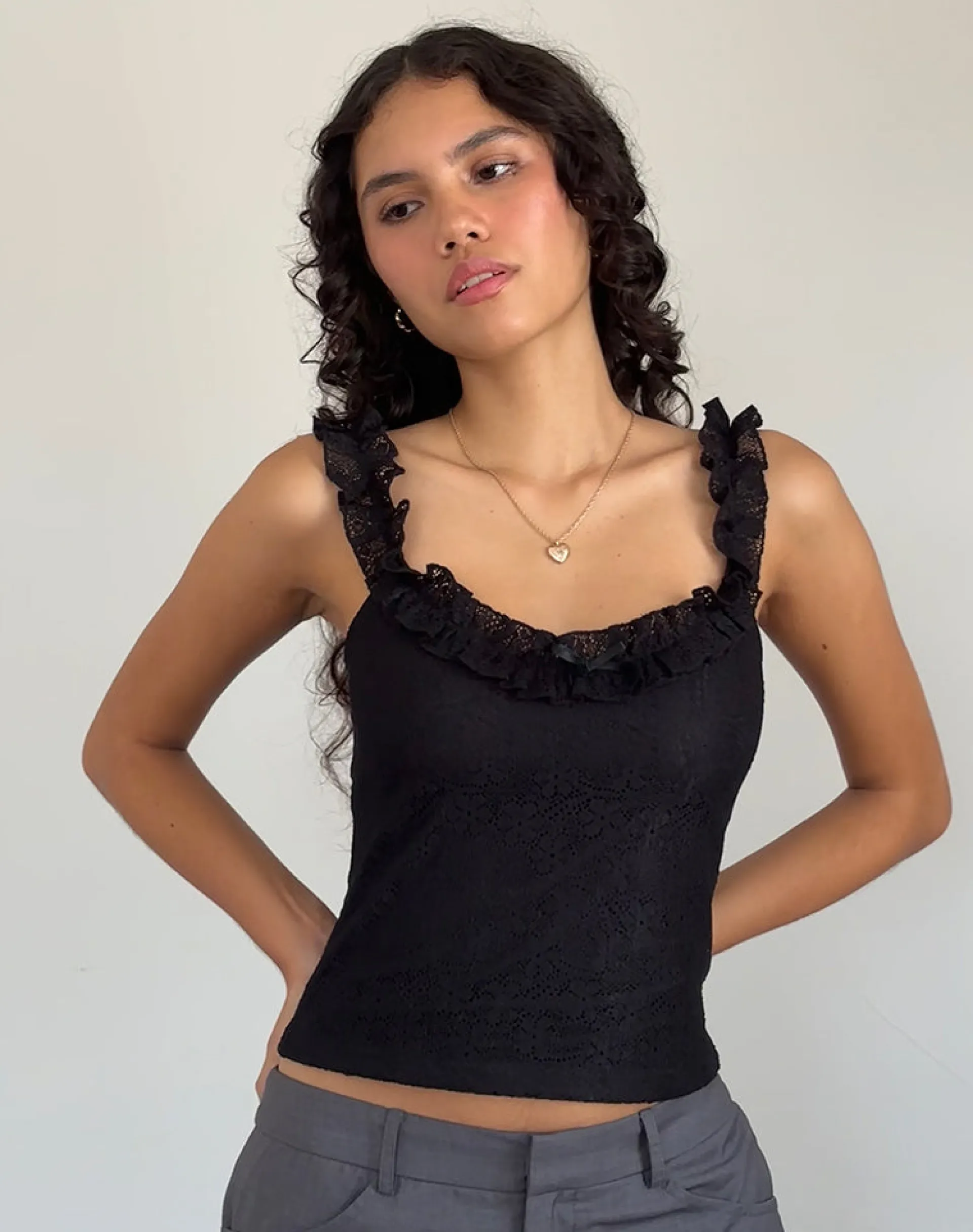 Motel Rocks Lace Tops | Going Out Tops-Roberta Frill Edge Top in Lace Black