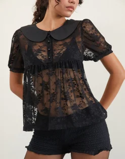 Motel Rocks Shirts And Blouses | Lace Tops-Rochea Blouse in Unlined Lace Black