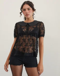 Motel Rocks Shirts And Blouses | Lace Tops-Rochea Blouse in Unlined Lace Black