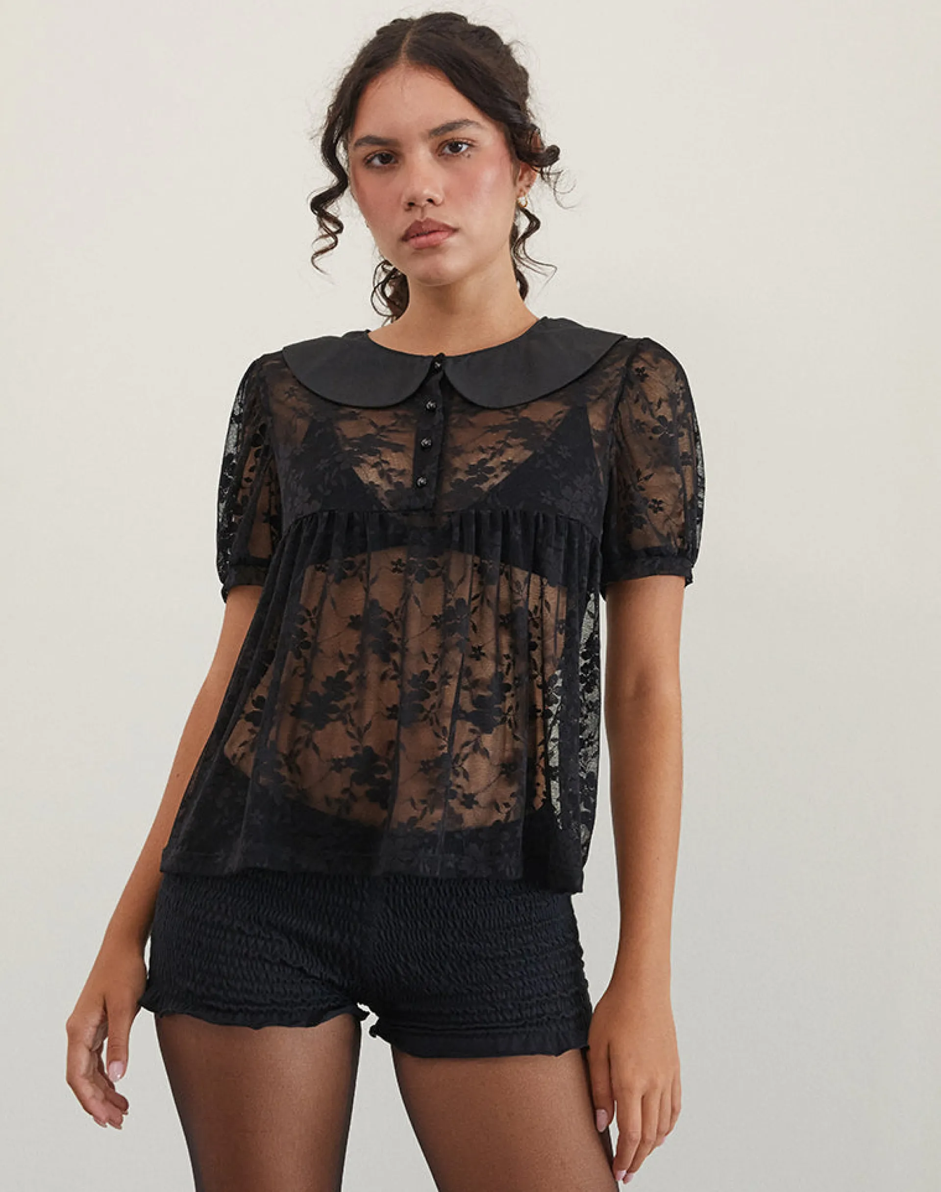Motel Rocks Shirts And Blouses | Lace Tops-Rochea Blouse in Unlined Lace Black