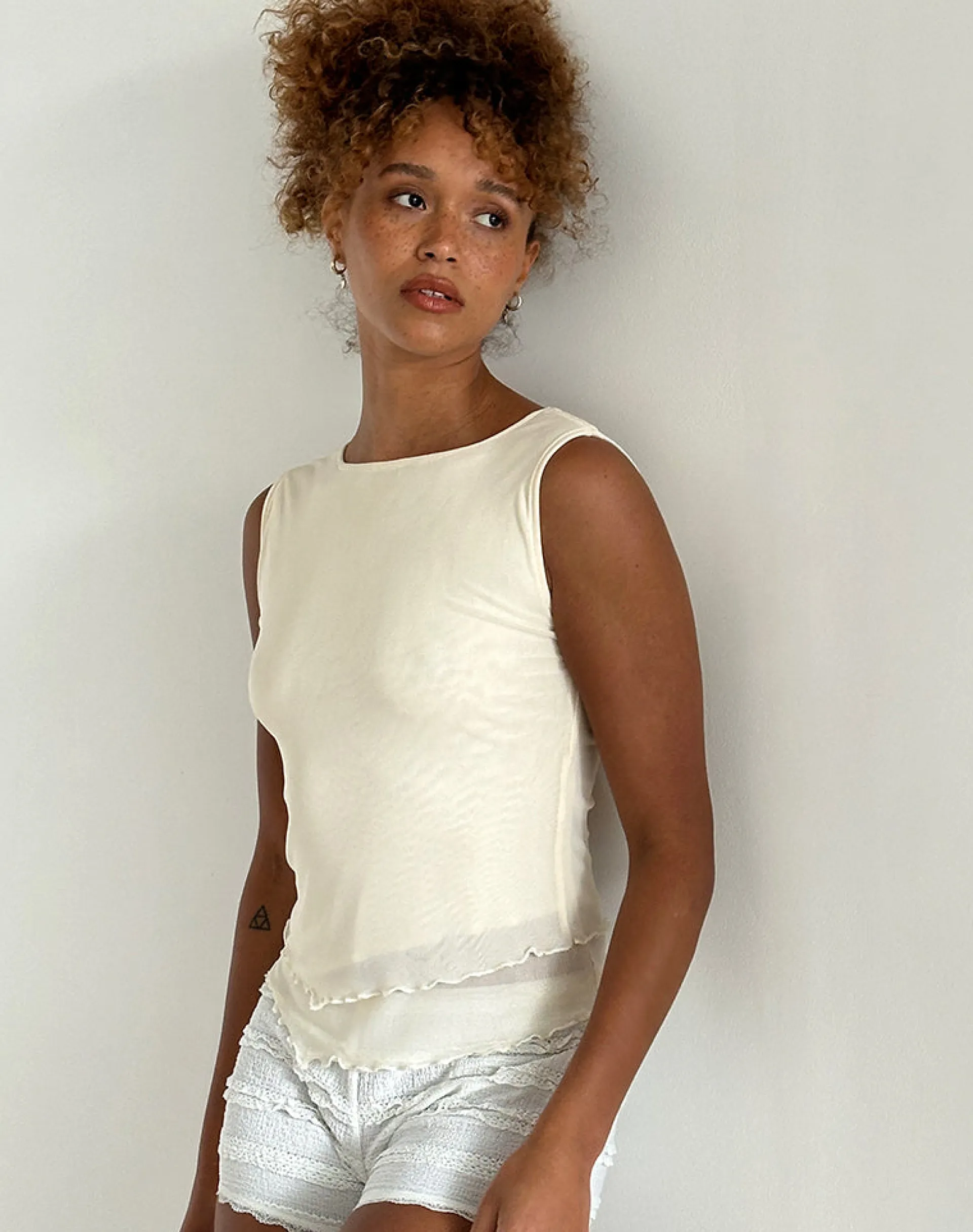 Motel Rocks Vest Tops-Rochie Asymmetric Top in Mesh Cream MeshCream