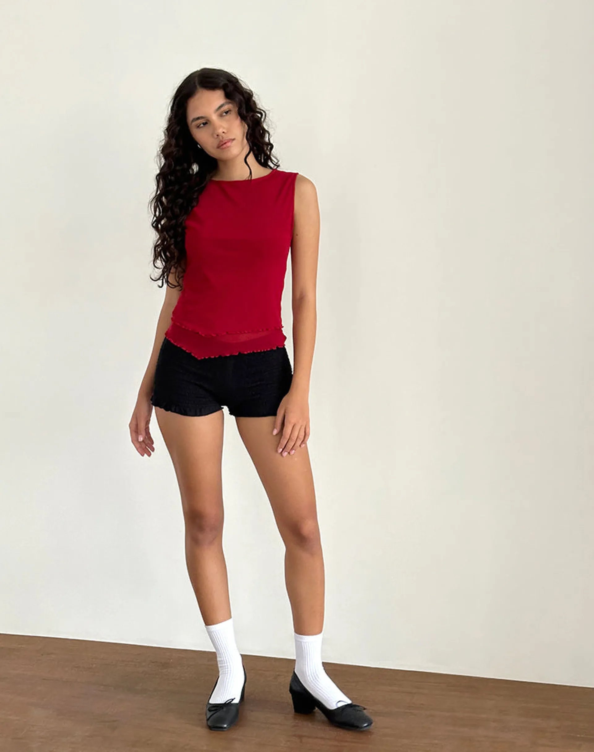 Motel Rocks Basic Tops | Going Out Tops-Rochie Asymmetric Top in Mesh Cherry MeshCherry