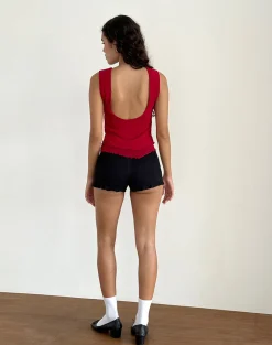 Motel Rocks Basic Tops | Going Out Tops-Rochie Asymmetric Top in Mesh Cherry MeshCherry