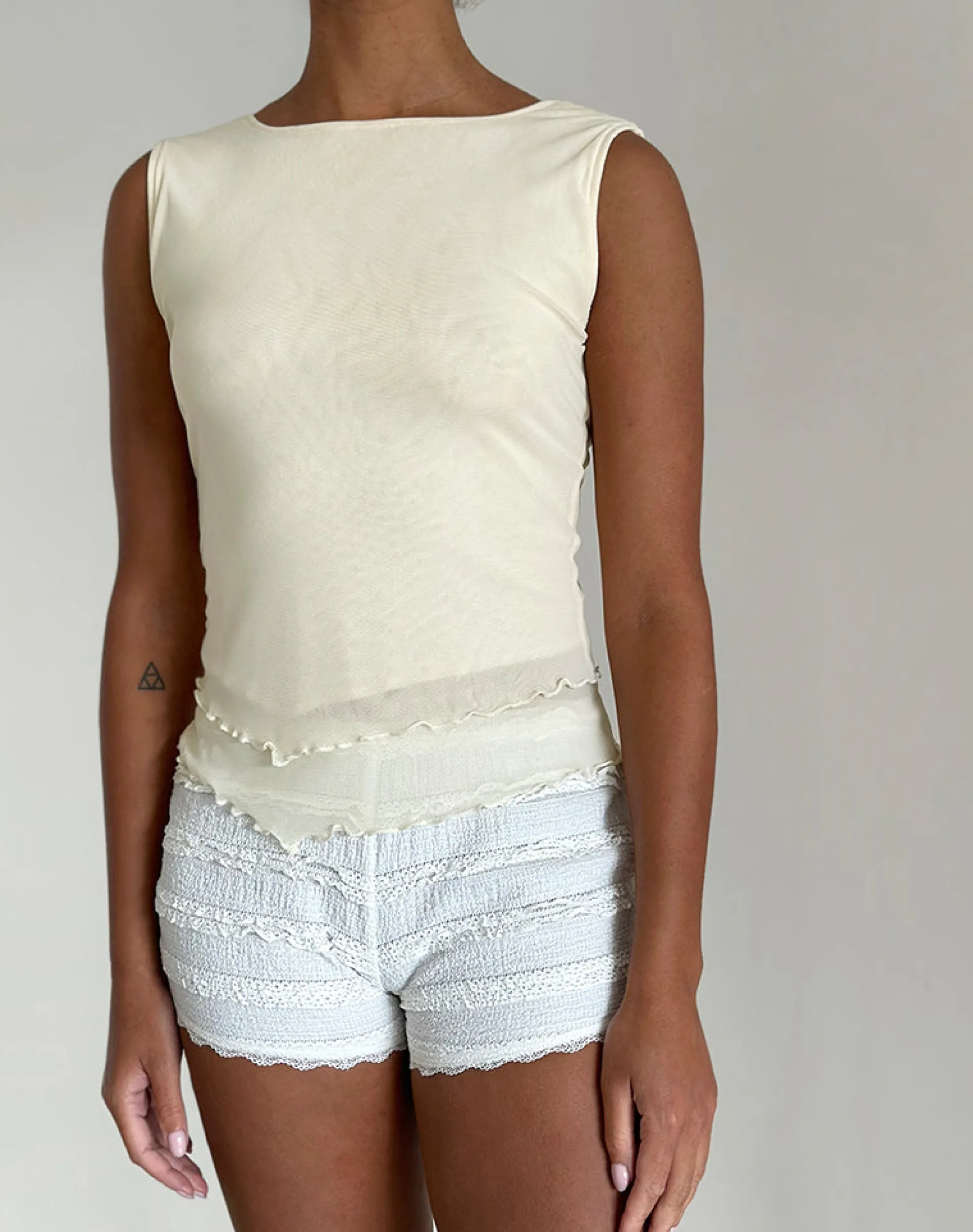 Motel Rocks Vest Tops-Rochie Asymmetric Top in Mesh Cream MeshCream
