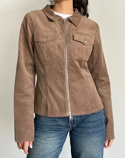 Motel Rocks Co-Ords | Jackets-Rohana Fitted Jacket in Baby Cord Walnut Brown