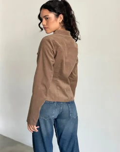 Motel Rocks Co-Ords | Jackets-Rohana Fitted Jacket in Baby Cord Walnut Brown