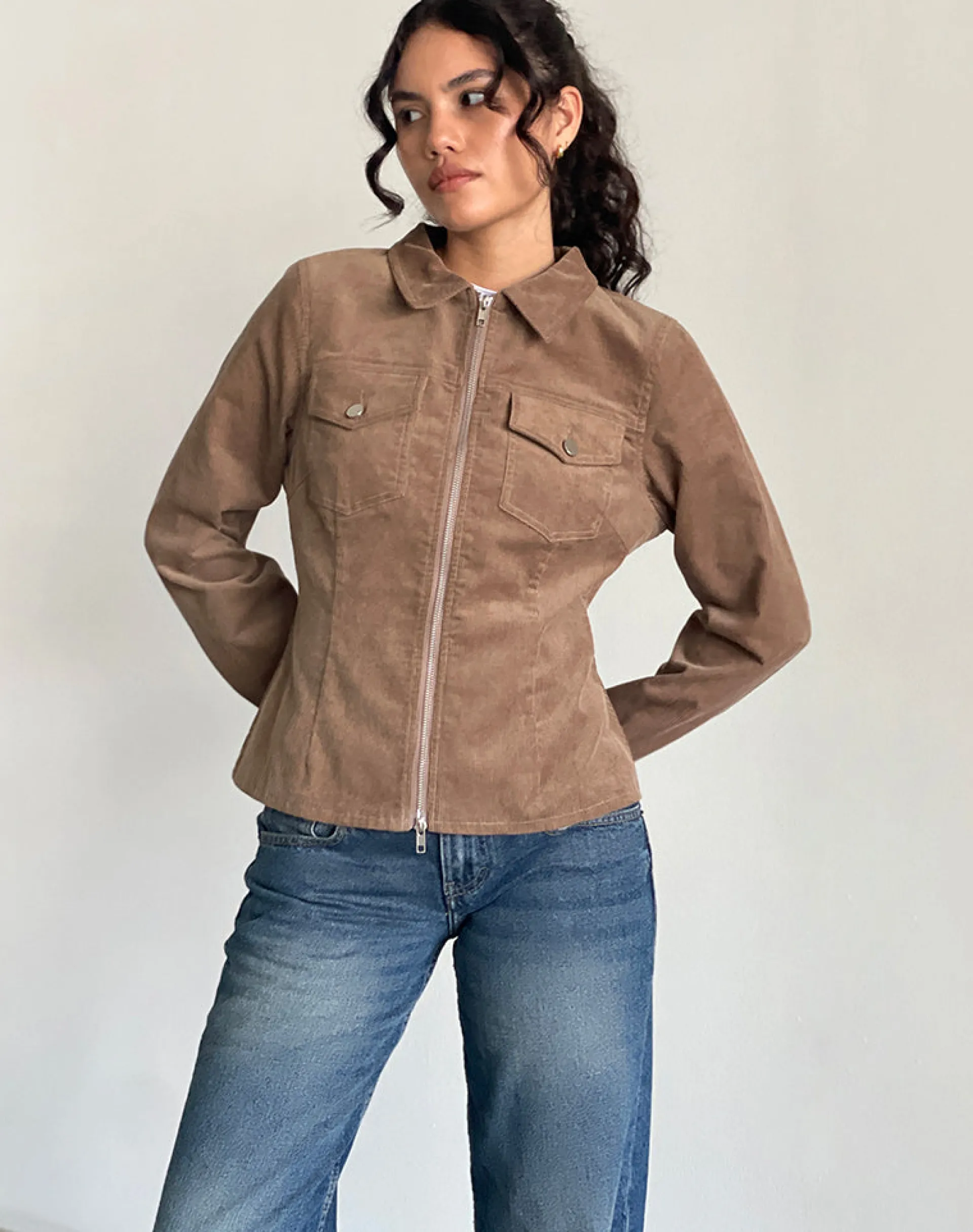 Motel Rocks Co-Ords | Jackets-Rohana Fitted Jacket in Baby Cord Walnut Brown