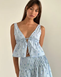 Motel Rocks Strappy Tops-Rolia Cami Top in Blue Flower Gingham BlueFlowerGingham