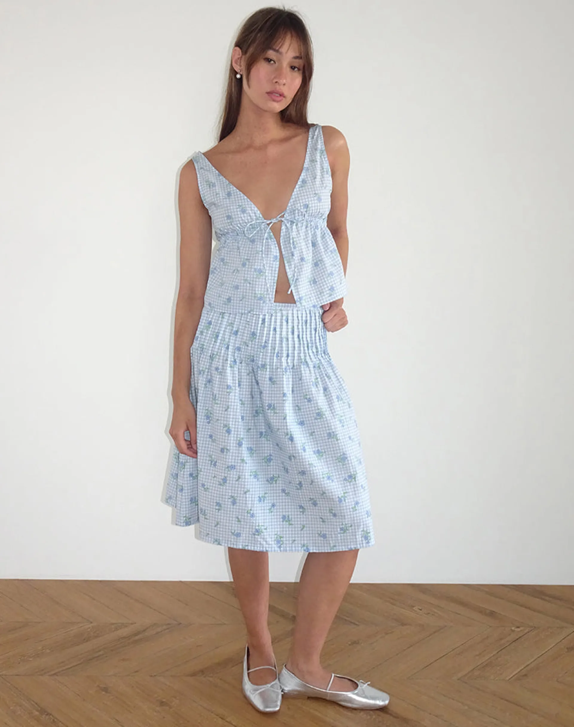 Motel Rocks Strappy Tops-Rolia Cami Top in Blue Flower Gingham BlueFlowerGingham