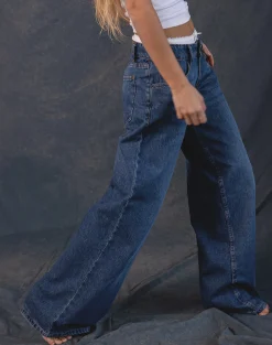 Motel Rocks Low Rise Pants | Jeans-Roomy Extra Wide Low Rise Jeans in Mid Blue Used MidBlueUsed