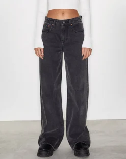 Motel Rocks Low Rise Pants-Roomy Extra Wide Low Rise Jeans in Black Wash BlackWash