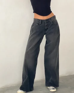 Motel Rocks Wide Leg Pants | Low Rise Pants-Roomy Extra Wide Low Rise Jeans in Washed Black Grey WashedBlackGrey