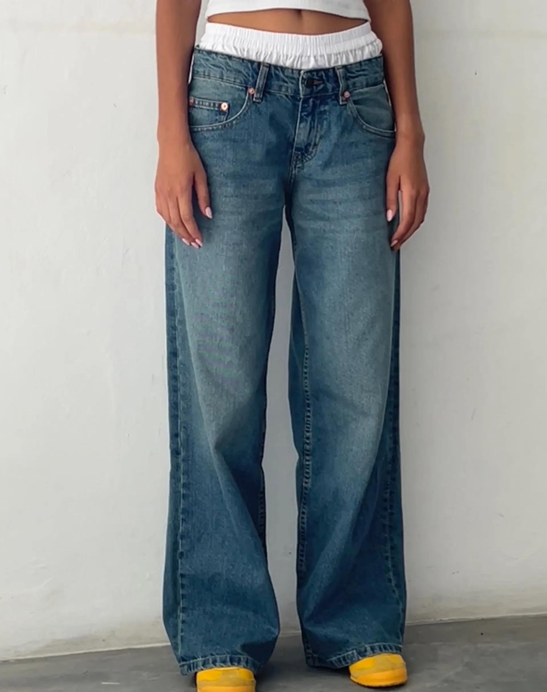 Motel Rocks Low Rise Pants | Jeans-Roomy Extra Wide Low Rise Jeans in Vintage Blue Green vintagebluegreen