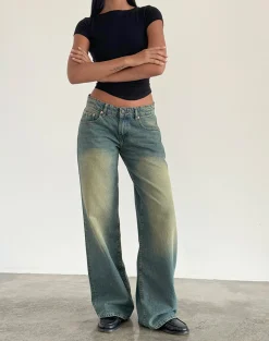 Motel Rocks Jeans | Roomy Jeans-Roomy Extra Wide Low Rise Jeans in Mid Used Green midusedgreen