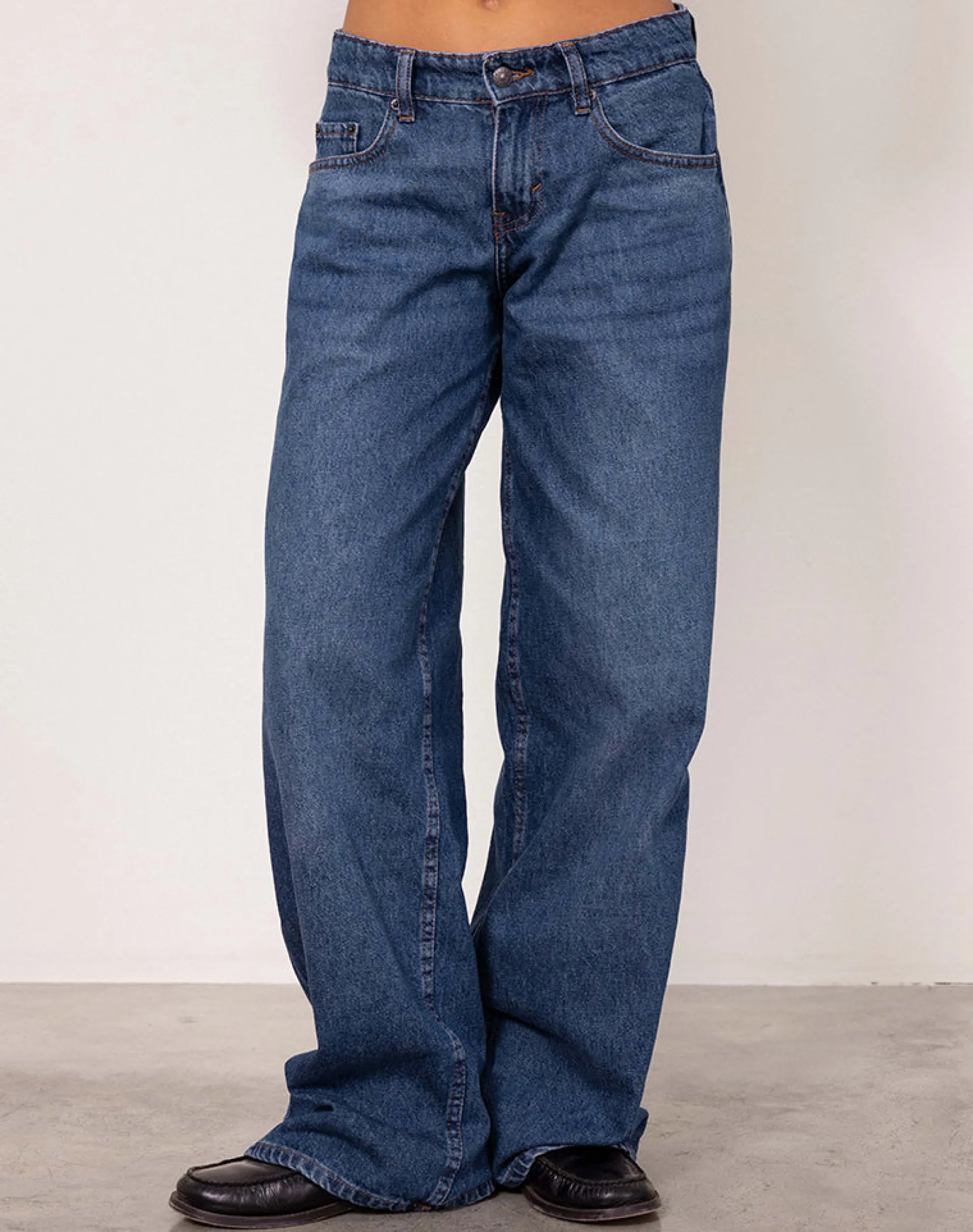 Motel Rocks Low Rise Pants | Jeans-Roomy Extra Wide Low Rise Jeans in Mid Blue Used MidBlueUsed