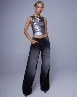 Motel Rocks Wide Leg Pants | Low Rise Pants-Roomy Extra Wide Low Rise Jeans in Extreme Black Wash ExtremeBlackWash