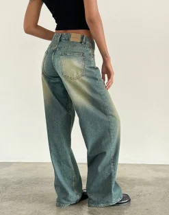 Motel Rocks Jeans | Roomy Jeans-Roomy Extra Wide Low Rise Jeans in Mid Used Green midusedgreen