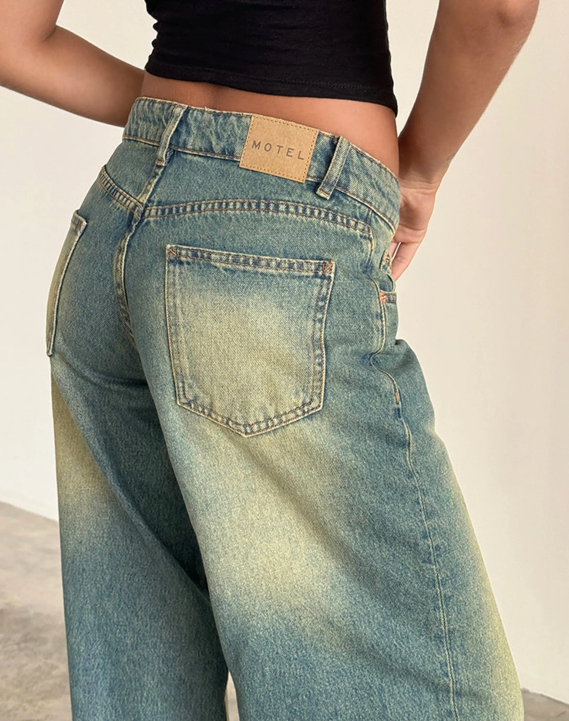 Motel Rocks Jeans | Roomy Jeans-Roomy Extra Wide Low Rise Jeans in Mid Used Green midusedgreen