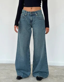 Motel Rocks Jeans-Roomy Oversized Low Rise Jeans in Vintage Blue Green VintageBlueGreen