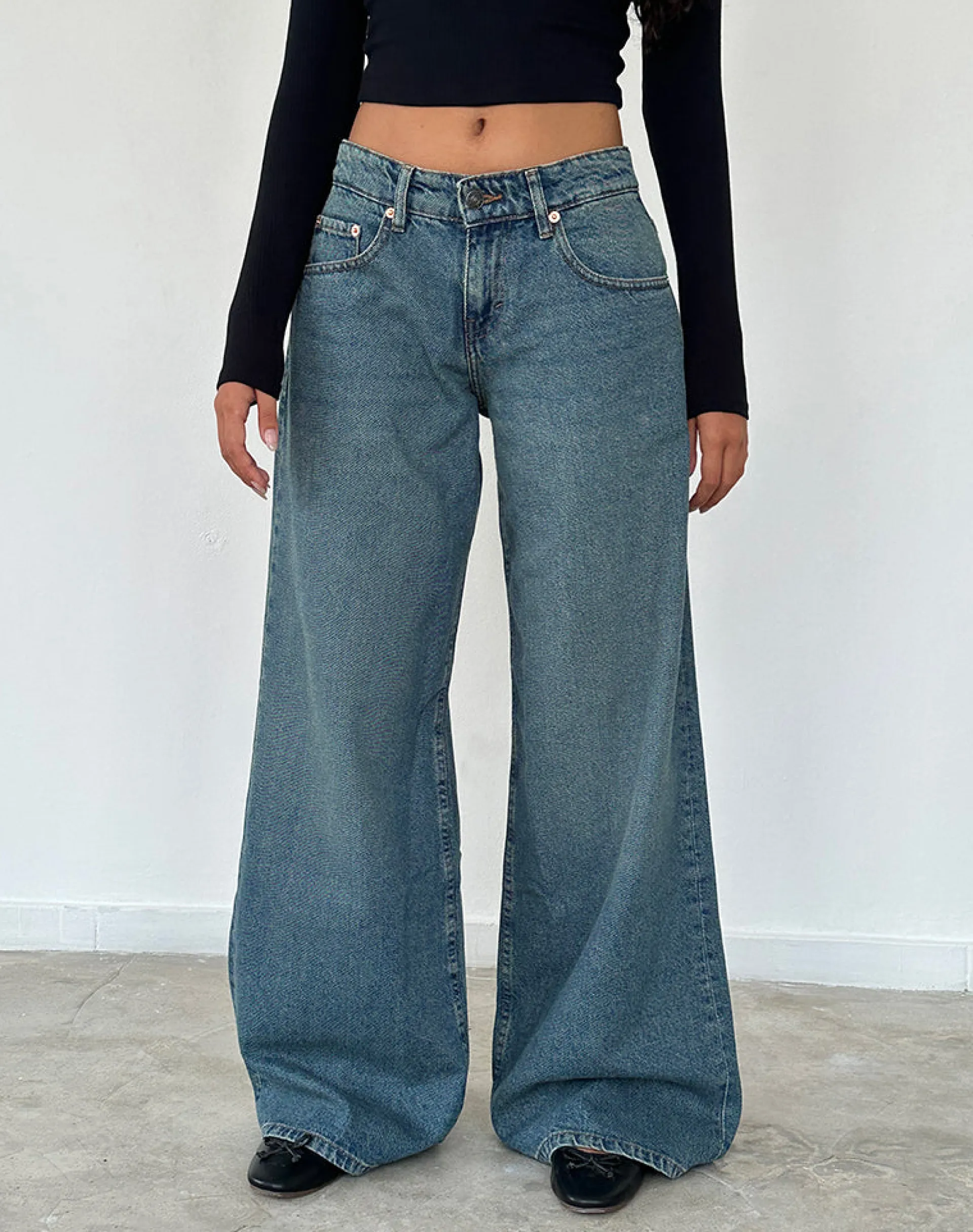 Motel Rocks Jeans-Roomy Oversized Low Rise Jeans in Vintage Blue Green VintageBlueGreen